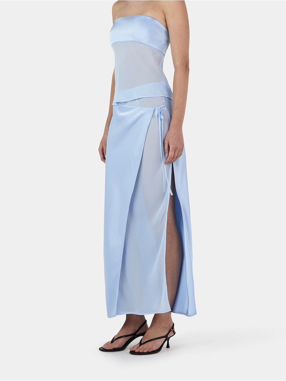 Ownley Ricky Midi Wrap Skirt Baby Blue M Satin Sheer Side Tie Wedding Resort - Picture 4 of 16